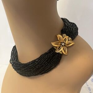 Black Seed Bead Necklace 18 Multi Strand Flower Clasp Jewelry Vintage Fashion